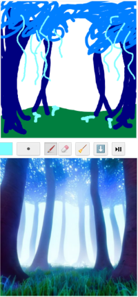 A magical forrest with purple and blue trees and glowing mushrooms.png