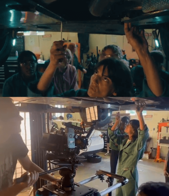 A collage of people working on a movie set Description automatically generated