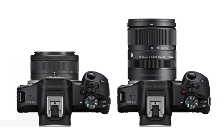 Size comparison between the Canon RF-S 18-45mm f/4.5-6.3 and the Sigma 18-50mm f/2.8 DC DN